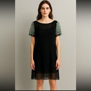 Antik Batik silk Black Dress with Colorful Sleeve Accents large